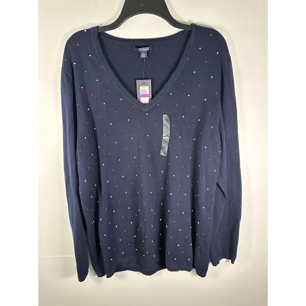 Tommy Hilfiger Sweater Womens XXL V-Neck Navy Red White Polka Dot Knit Long Slve